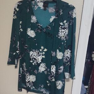 Worthington Asymmetrical Green Blouse with White Floral Design